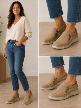 Clarks Unstructured Tan Nubuck Zip Comfort Loafers Casual Shoes Women’s 8W